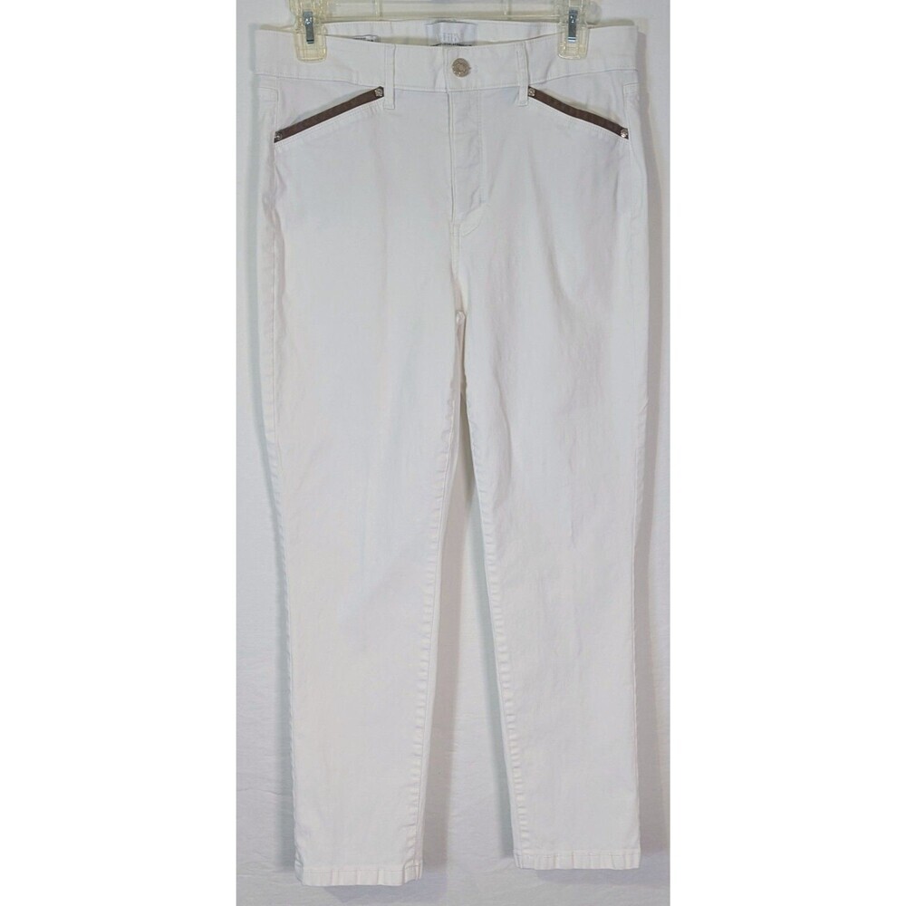 White House Black Market High-Rise Slim Crop White Pants Tan Trim Size 10